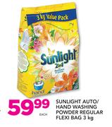 Sunlight Auto/Hand Washing Powder Regular Flexi Bag-3kg Each