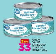 Great Value Shredded Tuna In Brine-3 x 170g