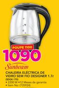Sunbeam 1.7ltr Chaleira Electrica Vidro Sem Fio Designer SDGK-170