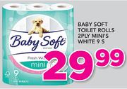 Baby Soft Toilet Rolls 2 Ply Mini's White-9's Pack