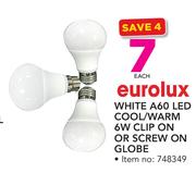 Eurolux White A60 LED Cool/Warm 6W Clip On Or Screw On Globe-Each
