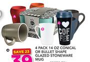 4 Pack 14 Oz Conical Or Bullet Shape Glazed Stoneware Mug-Each