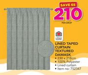 Always Home Lined Taped Curtain Textured Damask-Per Drop