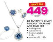CZ Tanzinite Chain Pendant Earring And Ring Set-Per Set