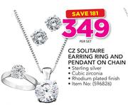 CZ Solitaire Earring Ring And Pendant On Chain-Per Set