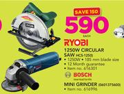 Ryobi 1250W Circular Saw HCS-1250 Or Bosch Mini Grinder-Each