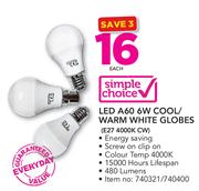 Simple Choice LED A60 6W Cool/Warm White Globes-Each