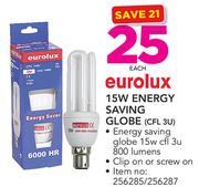 Eurolux 15W Energy Saving Globe CFL-3U-Each