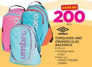 Umbro Turquoise And Orange/Lilac Backpack-Each
