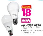 Simple Choice A60 6W LED Globes-Each