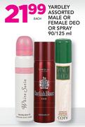 Yardley Assorted Male or Female Deo Or Spray-90/125ml Each