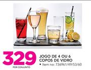 Jogo de 4 ou 6 copos de vidro- por conjunto