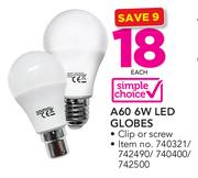 Simple Choice A60 6W LED Globes-Each