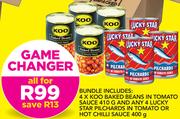 Koo Baked Beans In Tomato Sauce-4x410g & Lucky Star Pilchards In Tomato Or Hot Chilli Sauce-4x400g