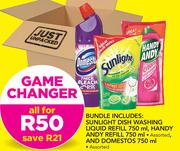 Sunlight Dishwashing Liquid Refill-750ml, Handy Andy Refill-750ml & Domestos Assorted-750ml-All For
