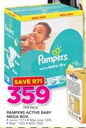 Pampers Active Baby Mega Box Junior 111's, Maxi Plus 120's, Maxi 132's, Midi 150's-Per Pack