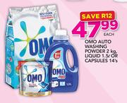 Omo Auto Washing Powder-2Kg, Liquid-1.5Ltr Or Capsules-14's Each