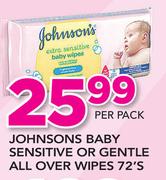 Johnsons Baby Sensitive Or Gentle All Over Wipes-72's Per Pack