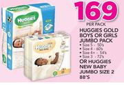 Huggies Gold Boys Or Girls Jumbo Pack Or Huggies New Baby Jumbo Size 2-88's Per Pack