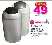 Missmolly 5 Ltr Swing Bin White Silver Lift-Each
