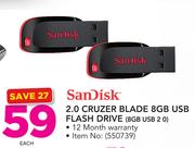 Sandisk 2.0 Cruzer Blade 8GB USB Flash Drive-Each