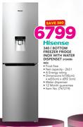 Hisense 340Ltr Bottom Freezer Fridge Inox With Water Dispenser H340BI-WD