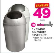 Missmolly 5Ltr Swing Bin White Silver Lift-Each