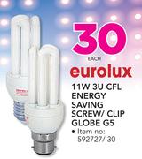 Eurolux 11W 3U CFL Energy Saving Screw/Clip Globe G5-Each