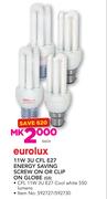 Eurolux 11W 3U CFL E27 Energy Saving Screw On Or Clip On Globe G5-Each