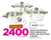 Mainstays Jogo de Panelas Com Tampas de Vidro em aco Inox 6 pecas-por conjunto