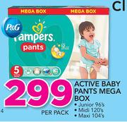 Pampers Active Baby Pants Mega Box Junior 96's, Midi 120's, Maxi 104's-Per Pack