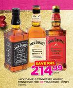 Jack Daniels Tennessee Whisky, Tennessee Fire Or Tennessee Honey-750ml Each