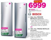Bosch 246Ltr All Freezer Metallic(GSN33VI30) Or 326Ltr All Fridge Metallic(KSV33NI30)-Each