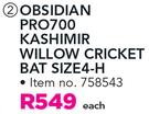 Kookaburaa Obsidian Pro700 Kashimir Willow Cricket Bat Size 4-H-Each