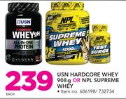 USN Hardcore Whey-908g Or NPL Supreme Whey-Each