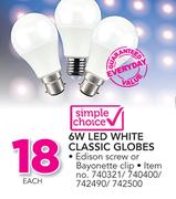 Simple Choice 6W LED White Classic Globes-Each