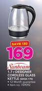 Sunbeam 1.7Ltr Designer Cordless Glass Kettle SDGK-170