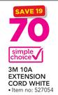 Simple Choice 3M 10A Extension Cord White