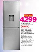Defy 425Ltr Bottom Freezer Fridge Metallic With Water Dispenser DAC617