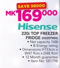 Hisense 220Ltr Top Freezer Fridge (H220TWH)