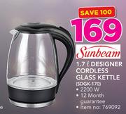 Sunbeam 1.7Ltr Designer Cordless Glass Kettle (SDGK-170)