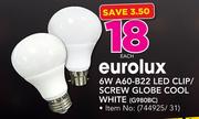 Eurolux 6W A60-B22 LED Clip/ Screw Globe Cool White (G980BC)-Each