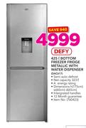 Defy 425Ltr Bottom Freezer Fridge Metallic With Water Dispenser DAC617