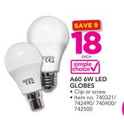 Simple Choice A60 6W LED Globes-Each