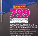 Discovery Adventures Instant Gazebo 3 x 3m With 2 Side Panels Blue