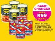 4 x Koo baked Beans In Tomato Sauce-410g & 4 Lucky Star Pilchards In Tomato Or Hot Chilli sauce-400g