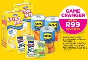 2 x Ultramel Vanilla Custard 1ltr + 3 x Koo Peach Slices Or Halves 410g & 2 Moir Jellies 80g-For All