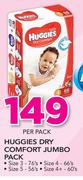 Huggies Dry Comfort Jumbo Pack(Size3 76's/Size4 66's/Size5 56's Or Size 4+ 60's Pack)-Per Pack