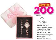 Initial Rose Gold Plated Round Watch And Bracelet Set-Each