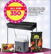 Campmaster JB100 Midi Steel Braai & Firelighters & Briquettes-5Kg & Cooler Box-25Ltr-All For